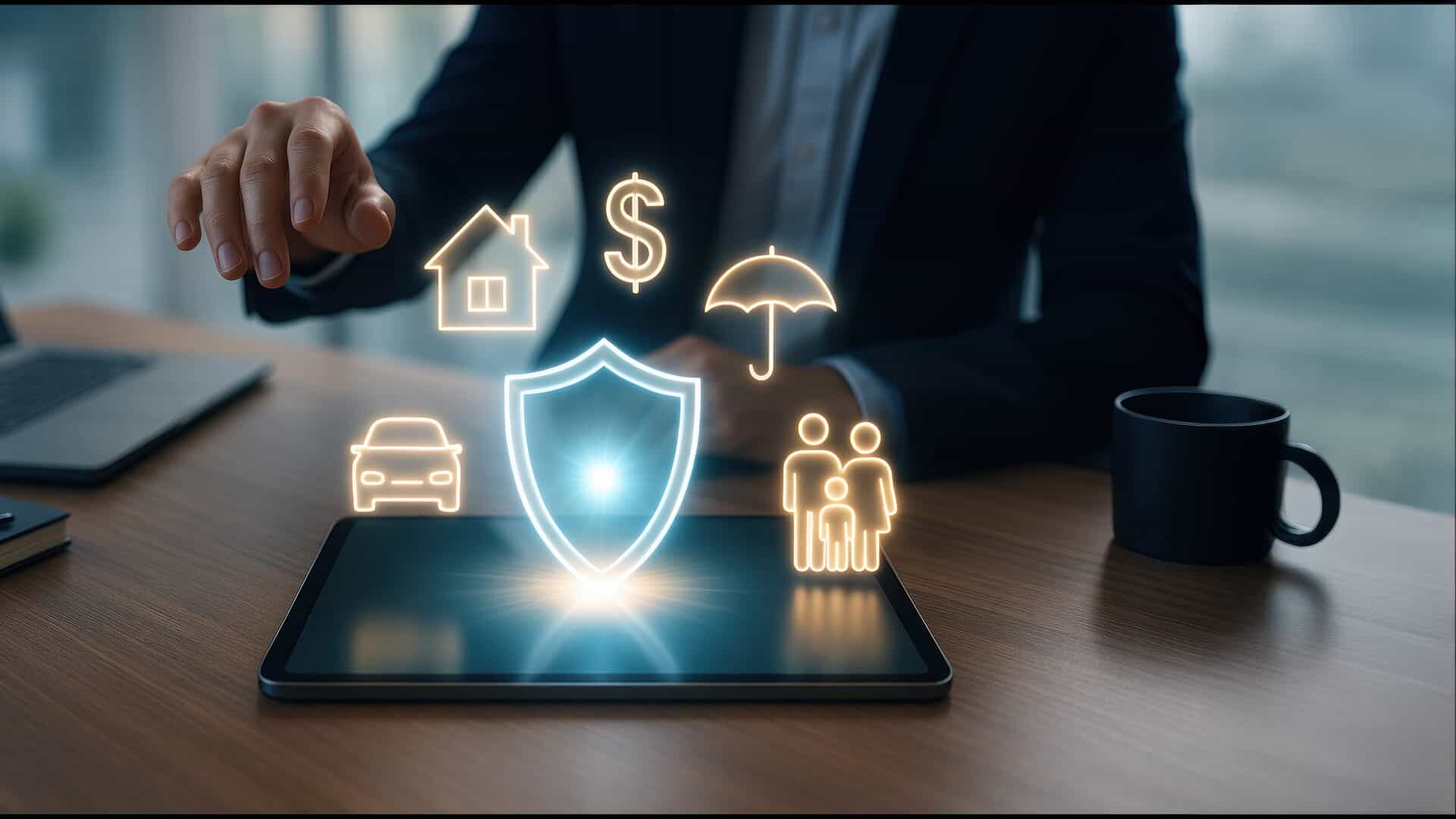 Corretor de seguros avalia sistema para corretora de seguros com ícones de ramos em tablet